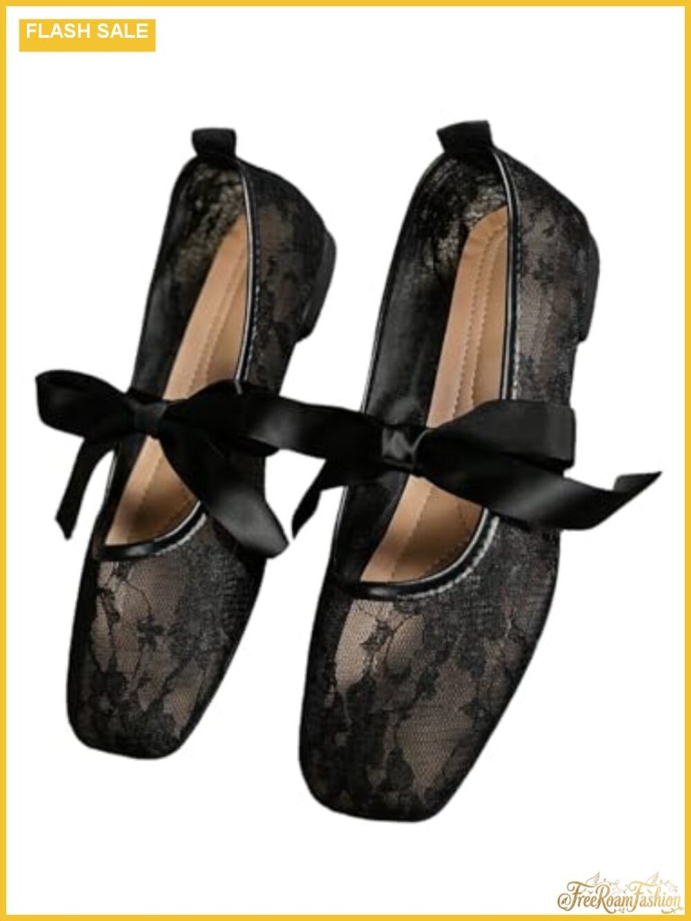 Women's Floral Lace Mesh Ballet Flats Closed Toe Bow Square Dress Shoes